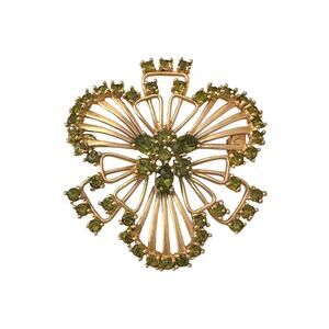 Vintage Trillium Pin Brooch Green Rhinestone Gold Tone Flower Jewelry